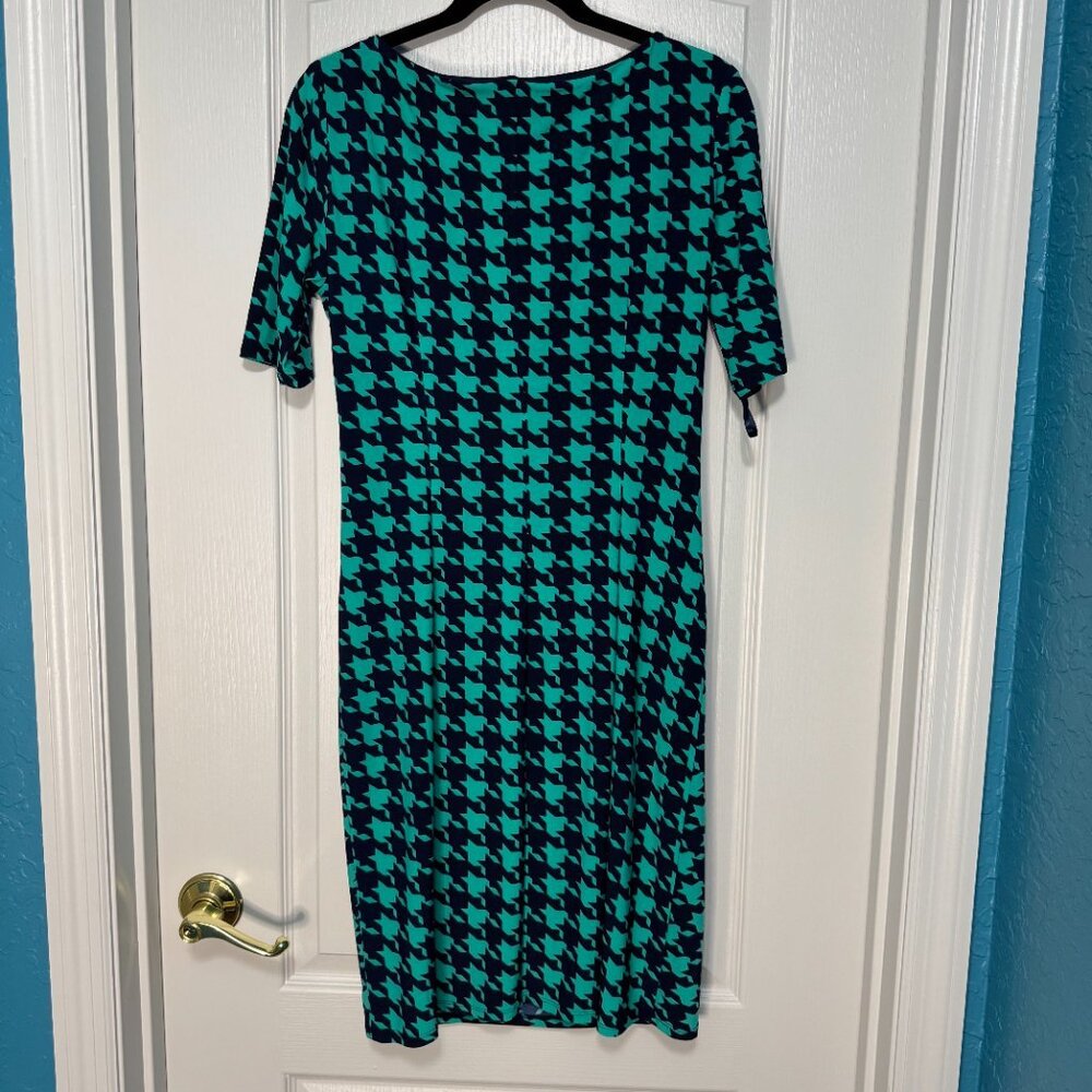 Anne Klein Houndstooth Sheath Dress Ruched Career Cocktail Teal Blue 8 - Picture 6 of 6